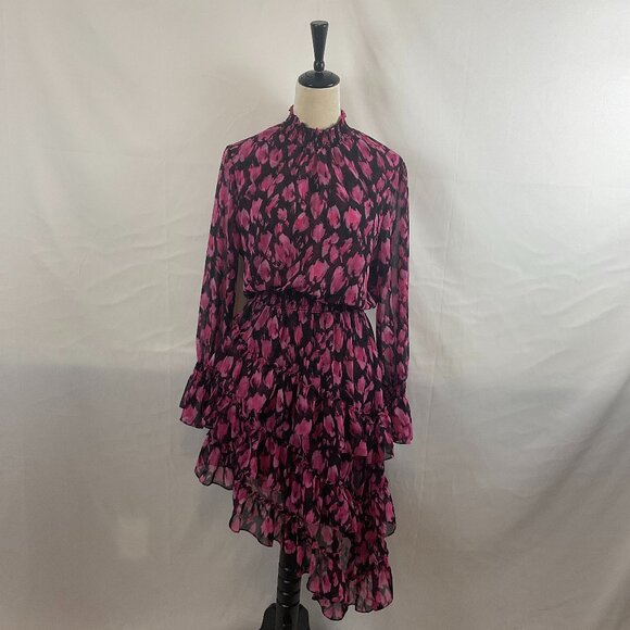Misa Dress M Black Pink Print Gathered Neck Sleeves Waist Ruffle Long Semi-Sheer - Picture 1 of 13